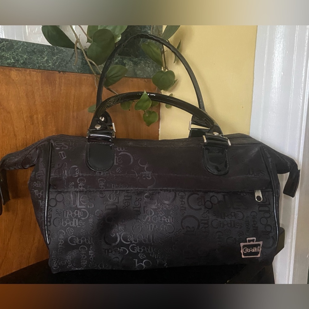 Caboodles zippered make-up travel bag. Black with black patent handles and trim